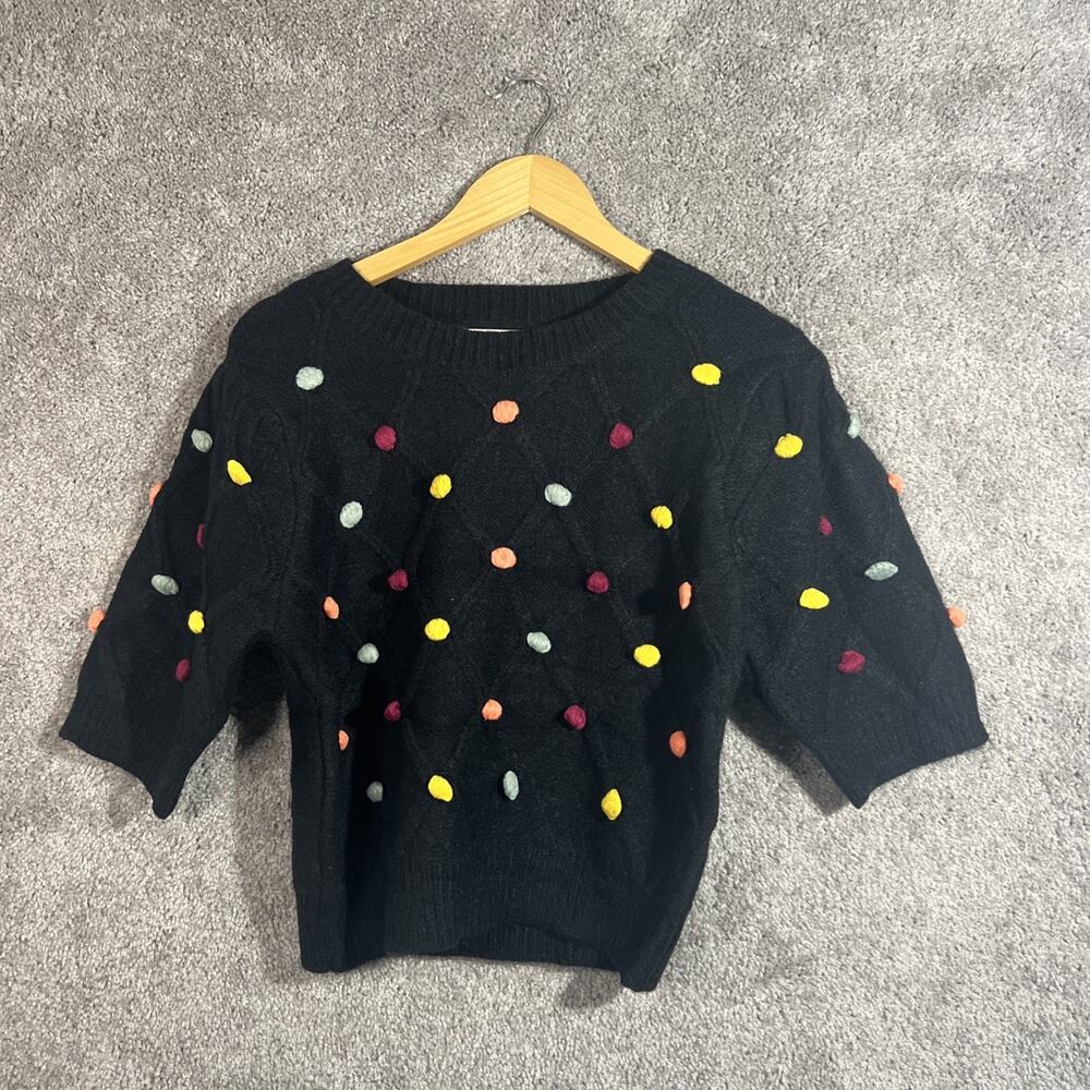 Entro Women's Medium Black Pom Pom Short Sleeve Sweater Knit Top NWT Boho Chic